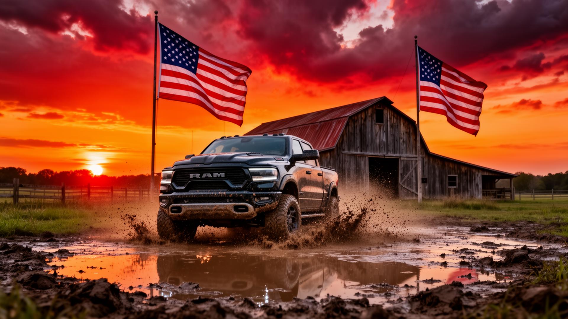 Lifted truck in mud with American flags at sunset
